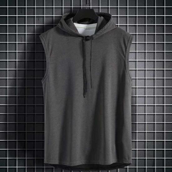 Men Vest Hooded Adjustable Drawstring Sleeveless Summer Vest Wide Shoulder Straps Pure Color Quick Drying Sports Tops