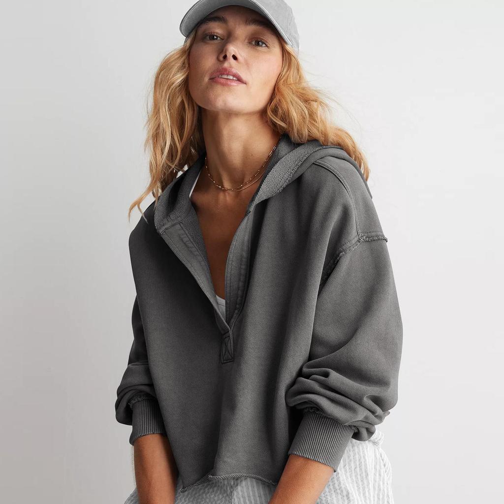 Women's Trendy V-Neck Hooded Sweatshirt - Loose Fit, Long-Sleeved for Spring and Autumn Fashion