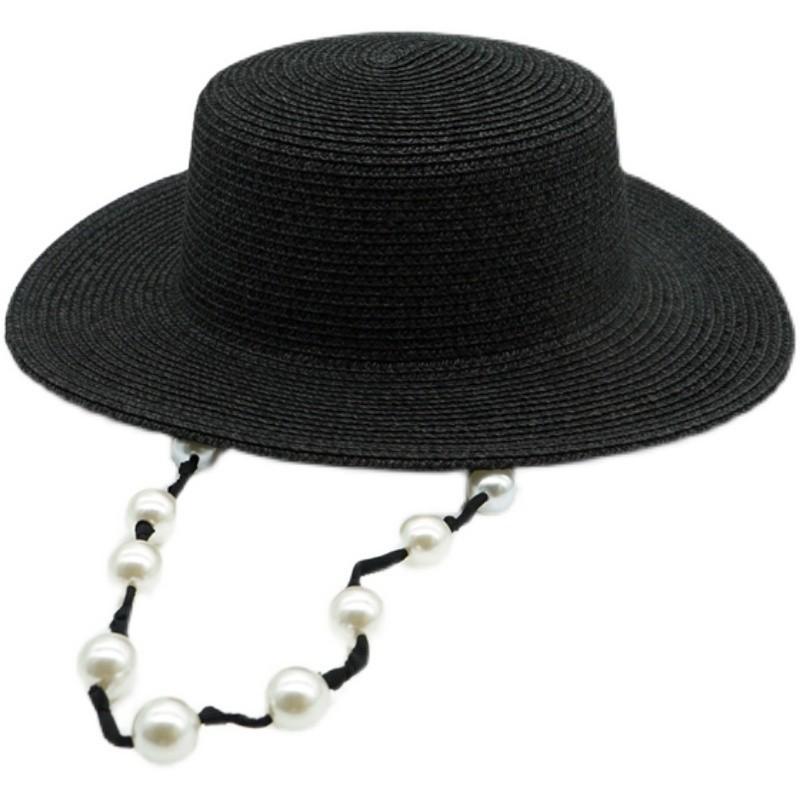 French Retro Internet Celebrity Pearl Chain Black Wide Brim Flat Top Top Top Hat Women'S Summer Sun Protection Shade Vacation Beach Straw Hat