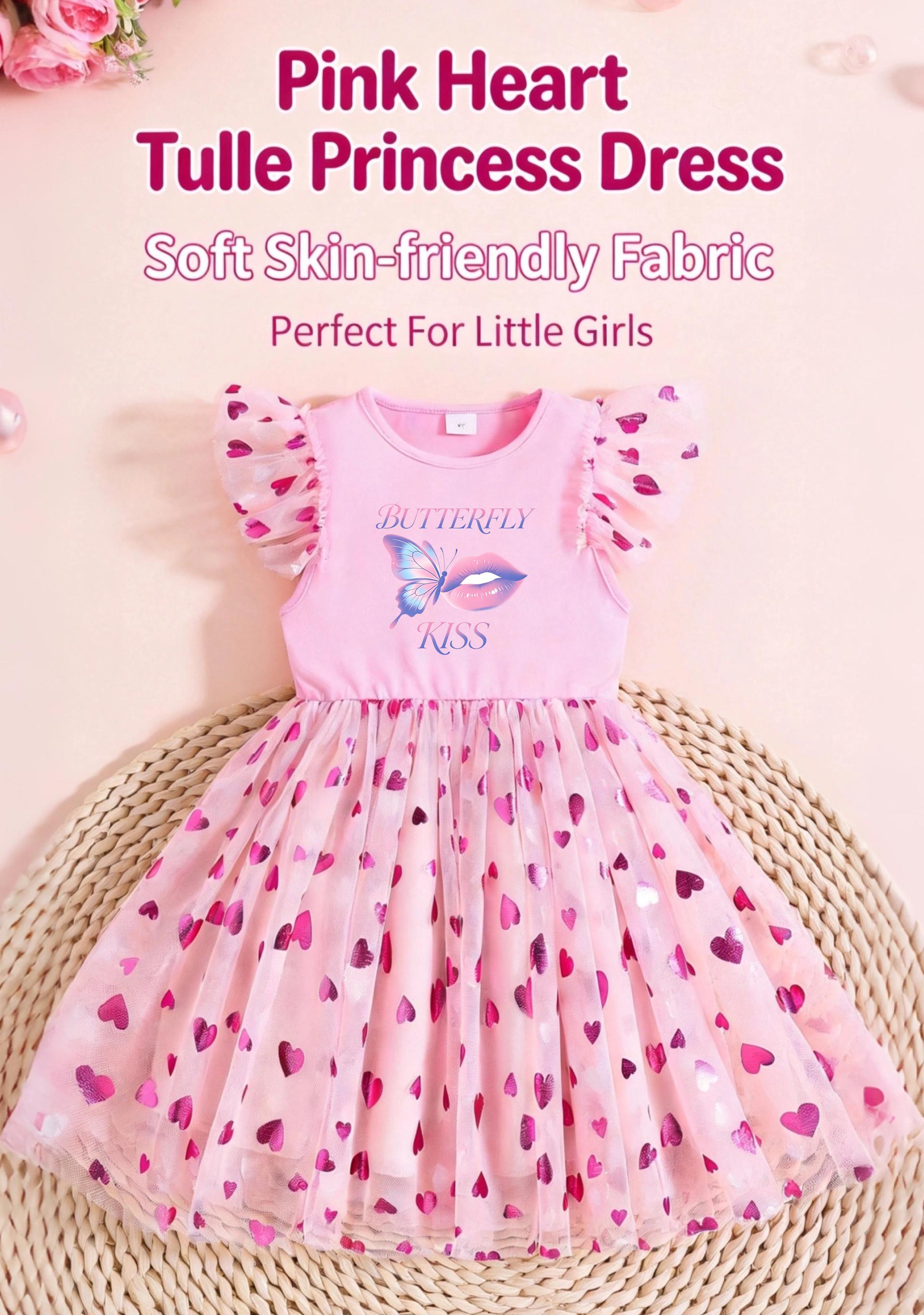 Multi-color Girls Butterfly Lips Kiss Print Flutter Sleeve Dress,Tulle Casual Princess Tutu Gown 4Y розовый