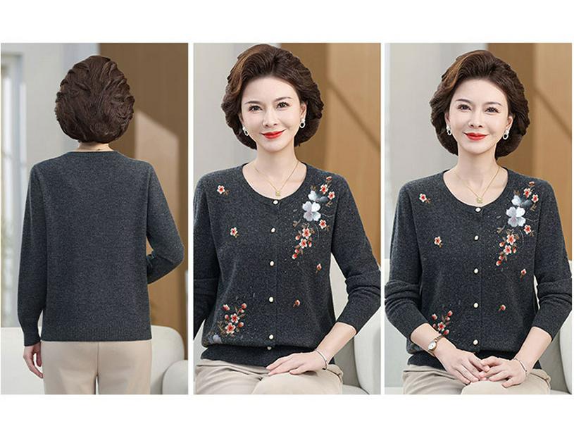 Elegant Women's Pure Wool Cardigan - Autumn/Winter Round Neck Knitwear with Embroidery for Mid-to-Old Age Mothers