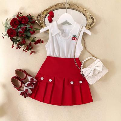 Girls' Casual Suit Summer Children's Fashion Lapel Sleeveless Top Red Pleated Skirt Suit