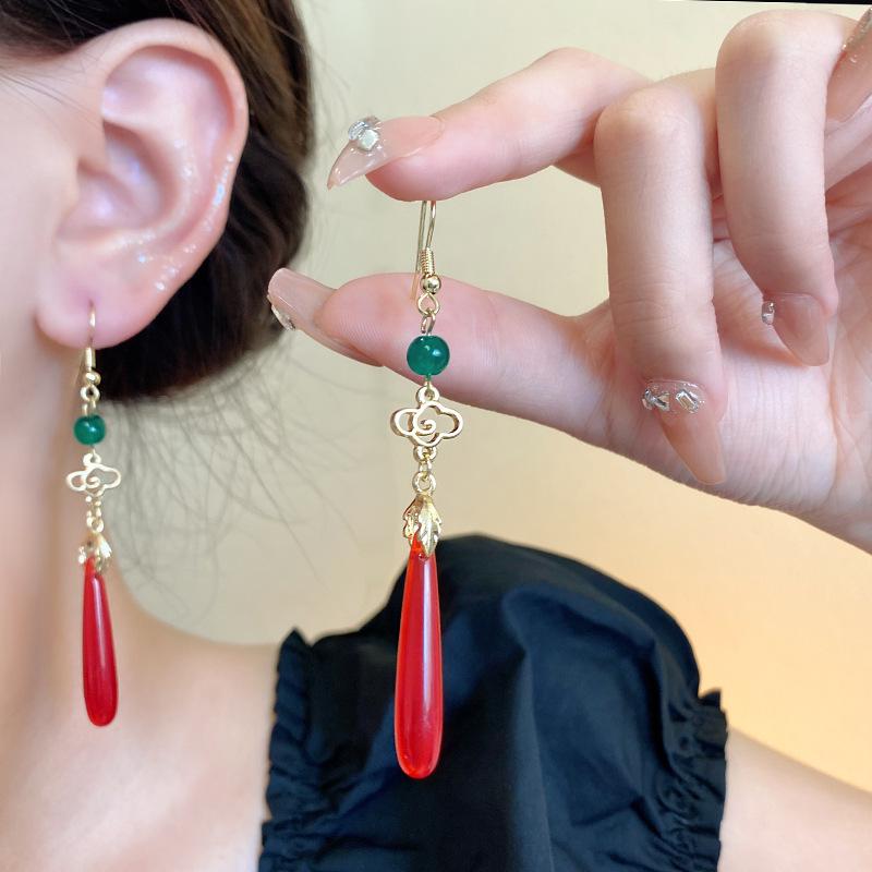 Chinese Medieval Tassel Earrings: Hanfu Water Drop Chalcedony Studs