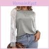 Lace Grey Trim Crew Neck Fitted Tshirt Blended Fabric Hoodie Women Long Sleeve