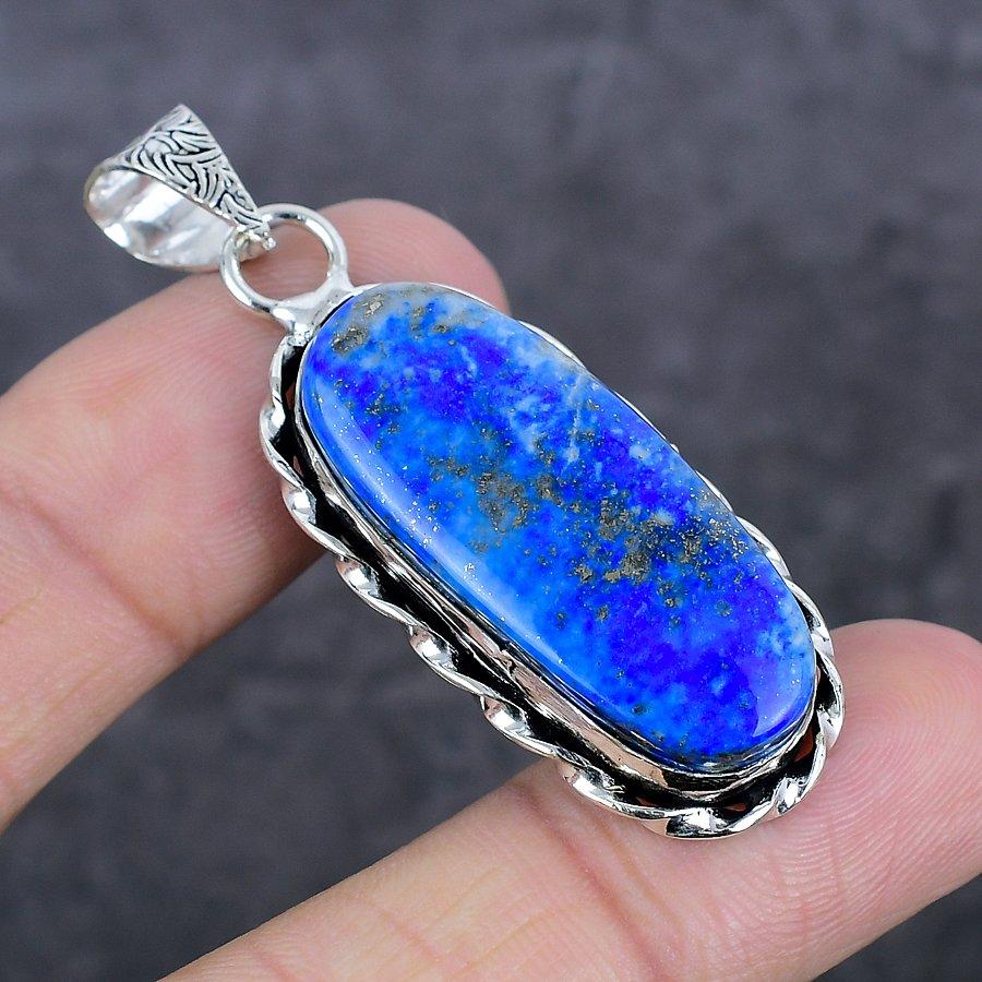 Natural Lapis Lazuli Gemstone 925 Sterling Silver Jewelry Pendant 2.21" P1M93