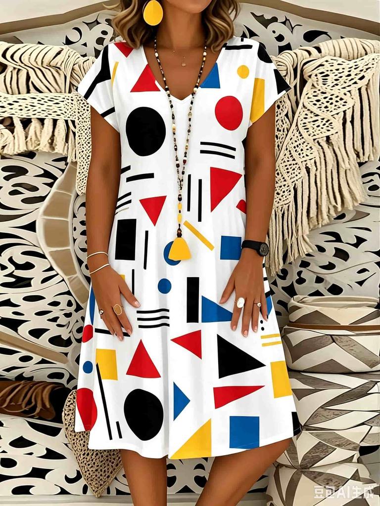 Streetwear Casual Women Dress Summer Short Sleeve V-Neck 3D Print Loose A-Line Dress Beach Sundress