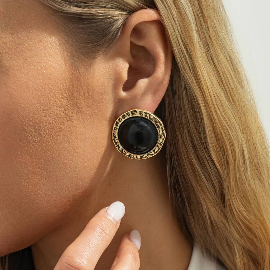 Ingemark Vintage Black Acrylic Resin Alloy Stud Earrings for Women New Trendy Geometric Round Piercing Earrings Bohemian Jewelry