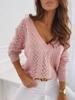 Polka Dot Solid Colour Mocha Lace Up V Neck Knit Sweater for Women Luxurious Relaxed-fit Slimming and Versatile Top