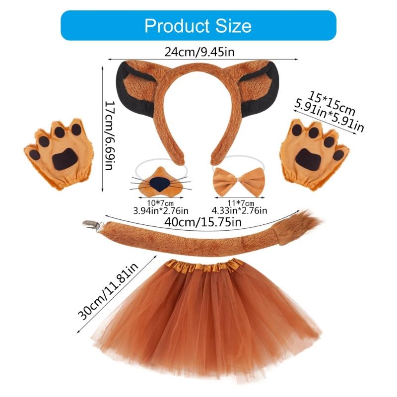 Kid Lion Tail with Lion Ear Headband Nose Gloves Skirt Bowtie Halloween Animal Costume Accessories for Boy Girl Cosplay