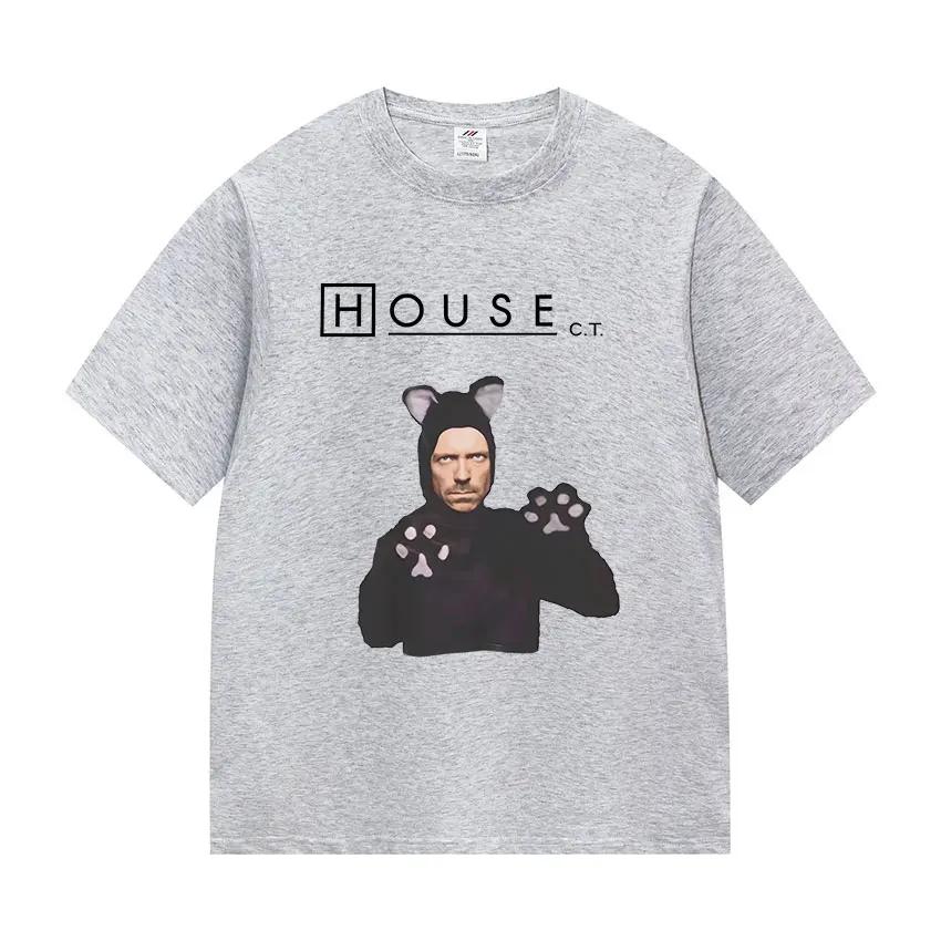 Lustiges House MD als Katze Meme Grafik T-Shirt Herren Damen Retro Oversized Kurzarm T-Shirts Mode Hohe Qualität Baumwolle T-Shirt