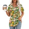 Ladies' Casual V-neck Short Sleeved Shirt With Pleated Easter Print On The Chest