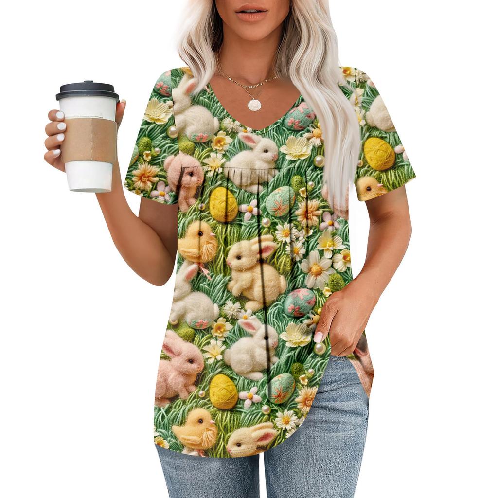 Ladies' Casual V-neck Short Sleeved Shirt With Pleated Easter Print On The Chest