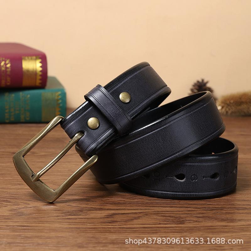 Belt Men's Retro Hand-Rub Color Distressed Pure Cowhide Leather Pin Buckle Fashion Trendy Korean Style Brass Buckle Belt