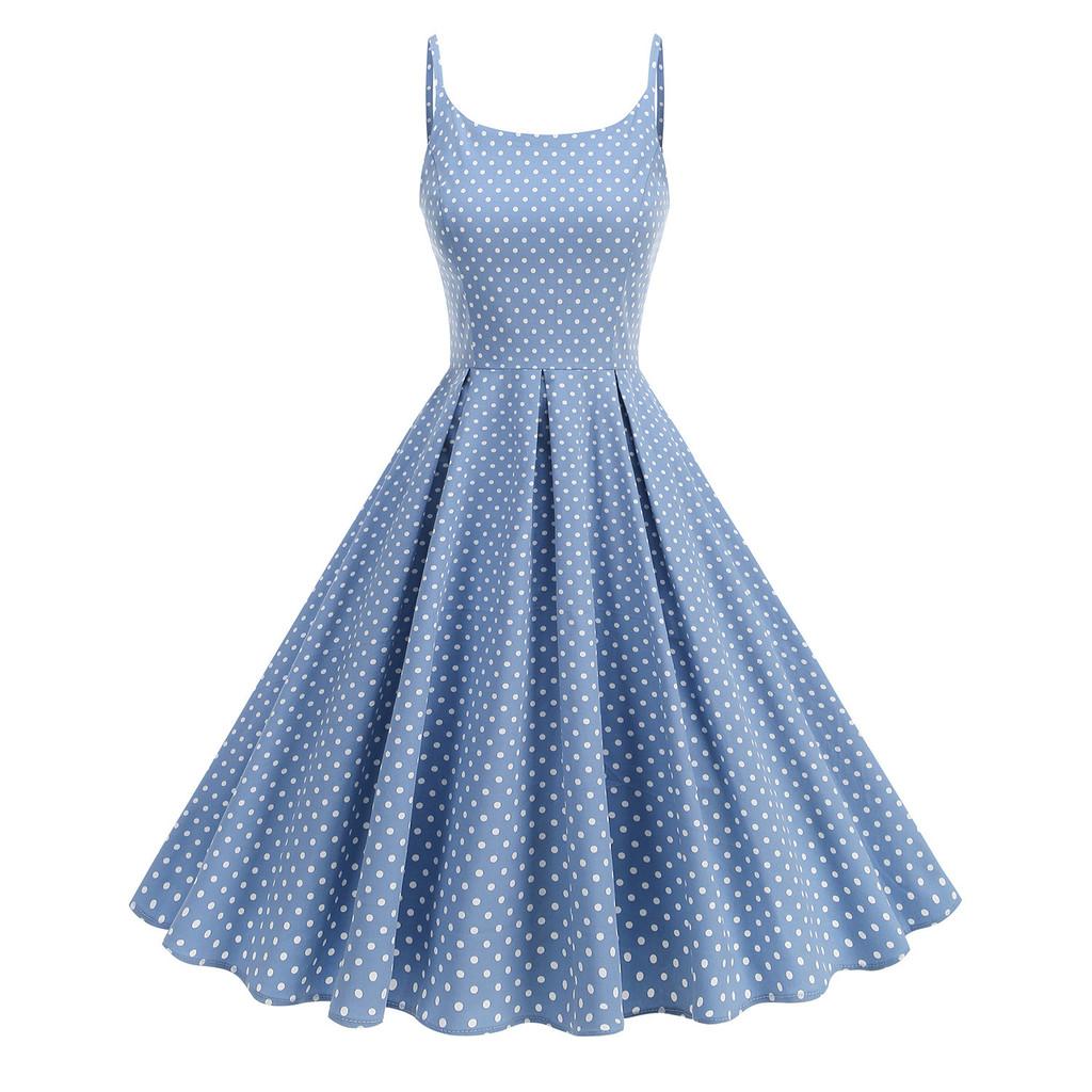 Hebe Style Vintage Dot Print Sleeveless Midi Dress For Casual Travel