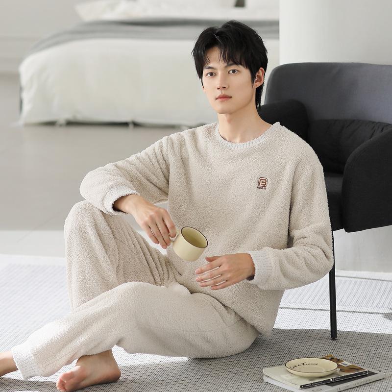 Half Fleece Pajamas Men'S Winter Coral Fleece Thickened Fleece Autumn And Winter Thermal Loungewear Set