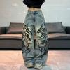 Pantalones Vaqueros Anchos Estampados de Mujer de Talle Alto Streetwear Ajuste Holgado Pantalones Largos