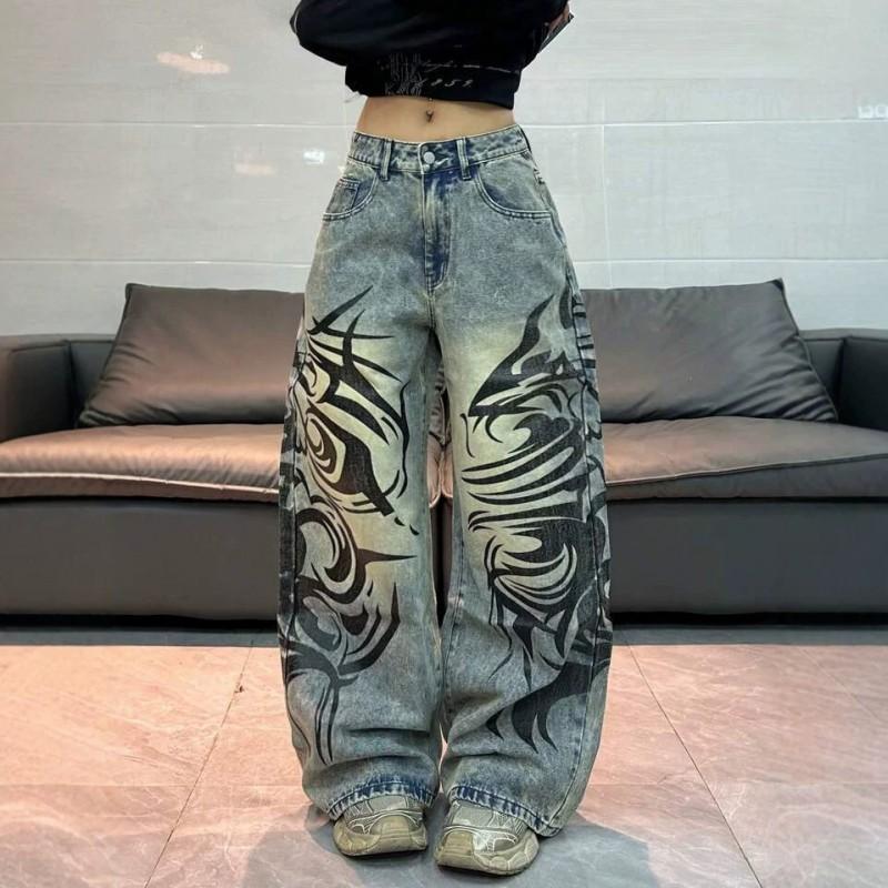 Pantalones Vaqueros Anchos Estampados de Mujer de Talle Alto Streetwear Ajuste Holgado Pantalones Largos