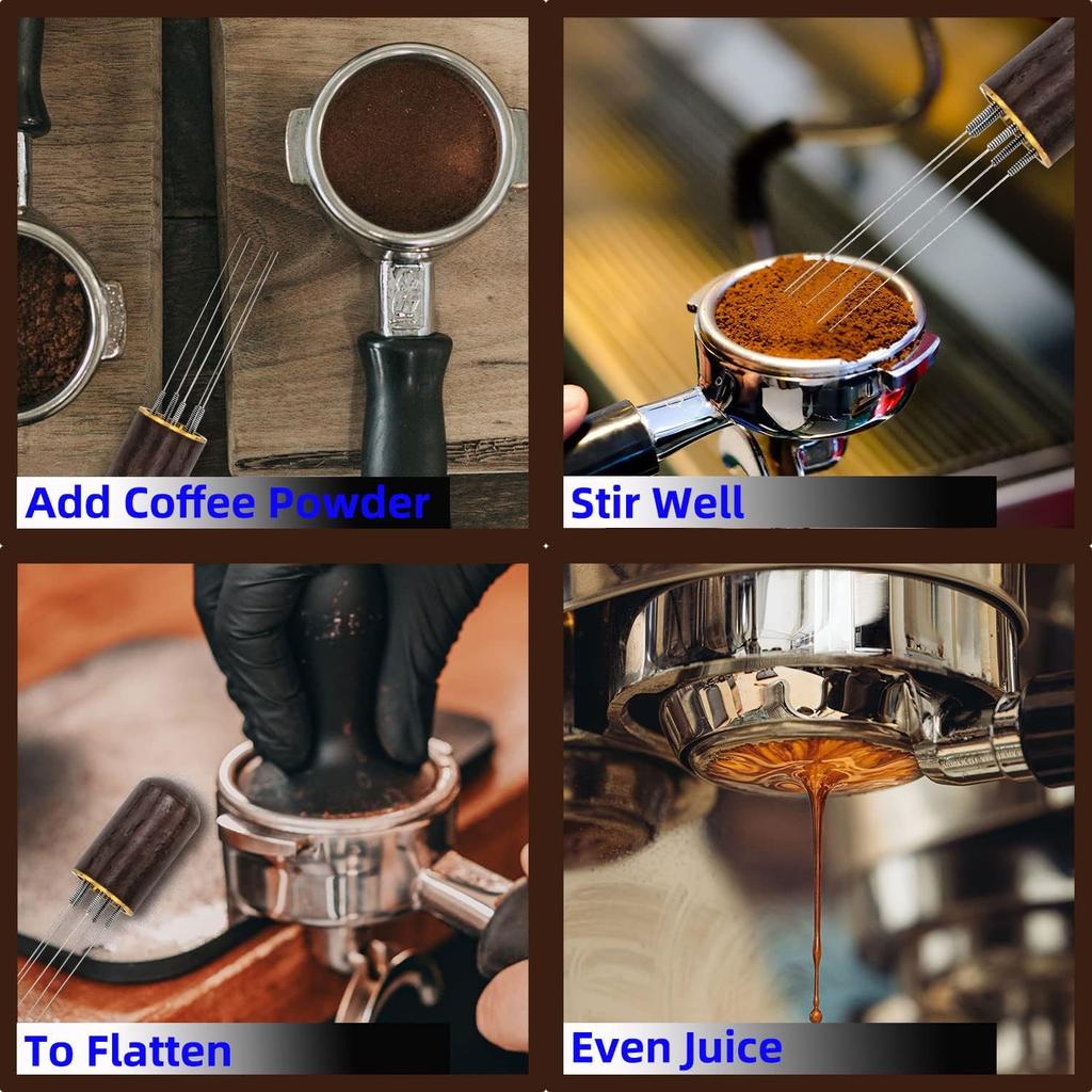 Espresso Coffee Stirrer 5 Needles 0.4mm Espresso Distribution Tools, Natural Wood Handle and Stand (Walnut)