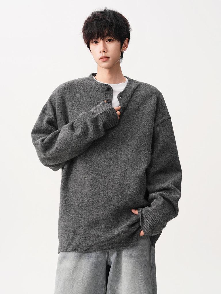 Men's Trendy Solid Color Henley Neck Sweater Jacket - Autumn Winter Loose Casual Knitwear