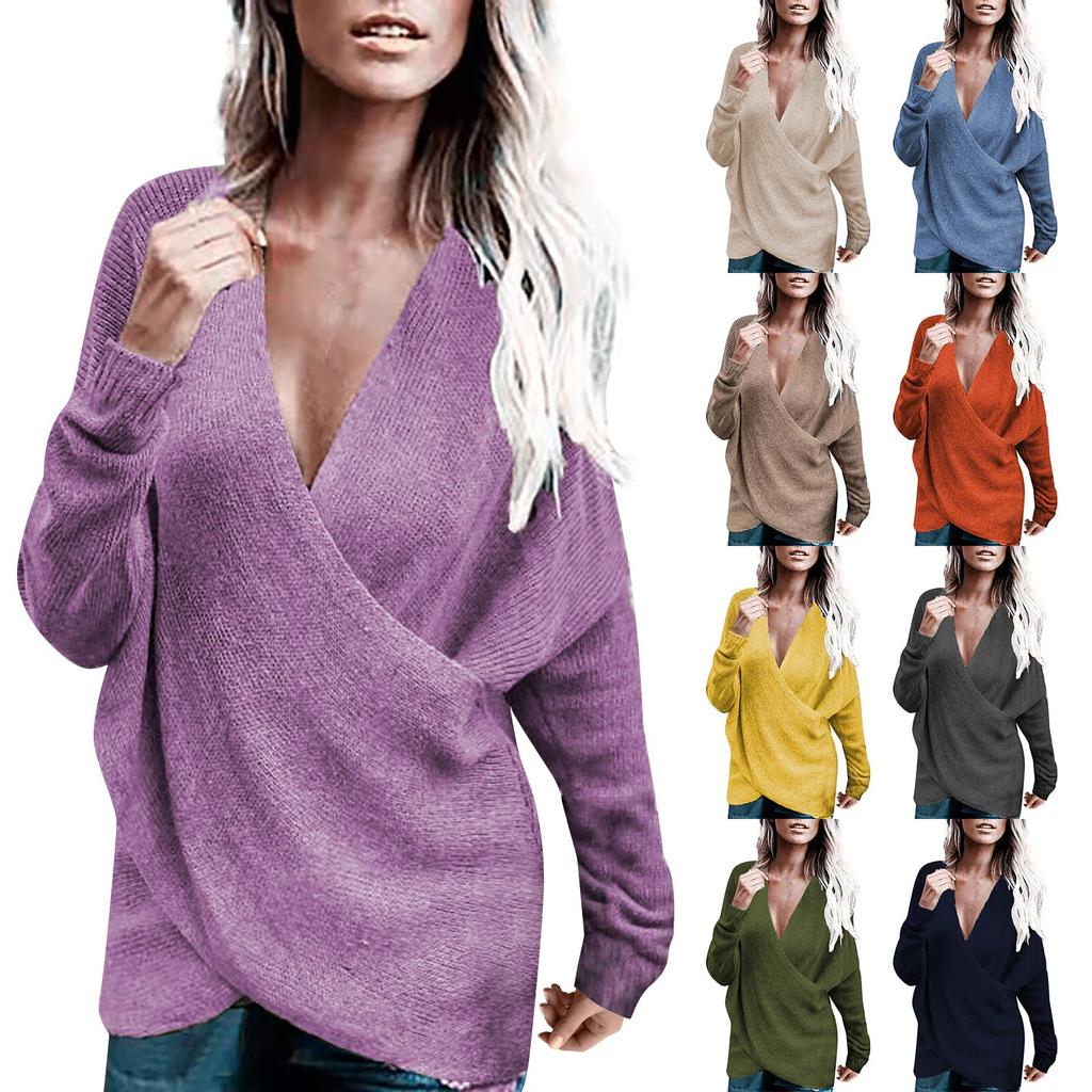 Women's Fashion Winter Warm Solid Color Sweater Cross Loose Knitted Sweater