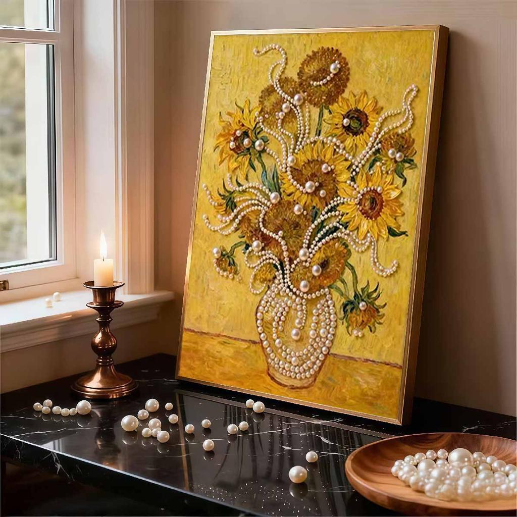 Pearl Sunflowers in The Vase DIY Diamond Art Kits 15.7x19.6inch Gem Art Diamond Painting Kits Without Frame for Adults Gift Idea Home Wall Decor