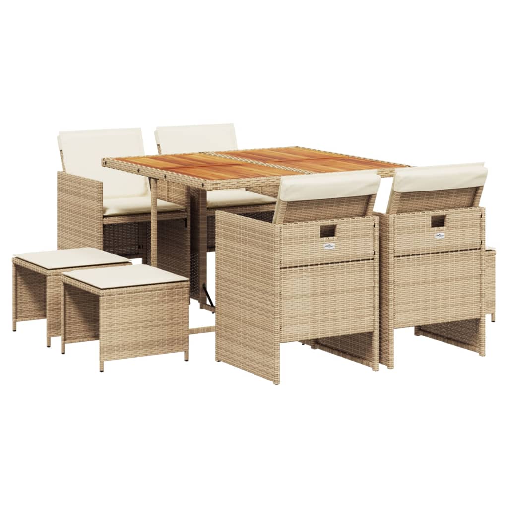 Vidaxl 9-Cz. Garden Furniture Set With Cushions, Beige, Poly Rattan