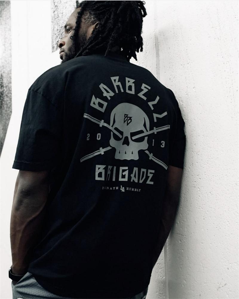 BARBELL BRIGADE Gym Fitness T-shirt Loose Oversize Cotton Men Short Sleeves Bodybuilding Sports Tee Summer Training Workout Tops