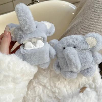 Plush Blue Elephant Earphone Case for Airpods 3D Cartoon Fur Animal Headphone Cover