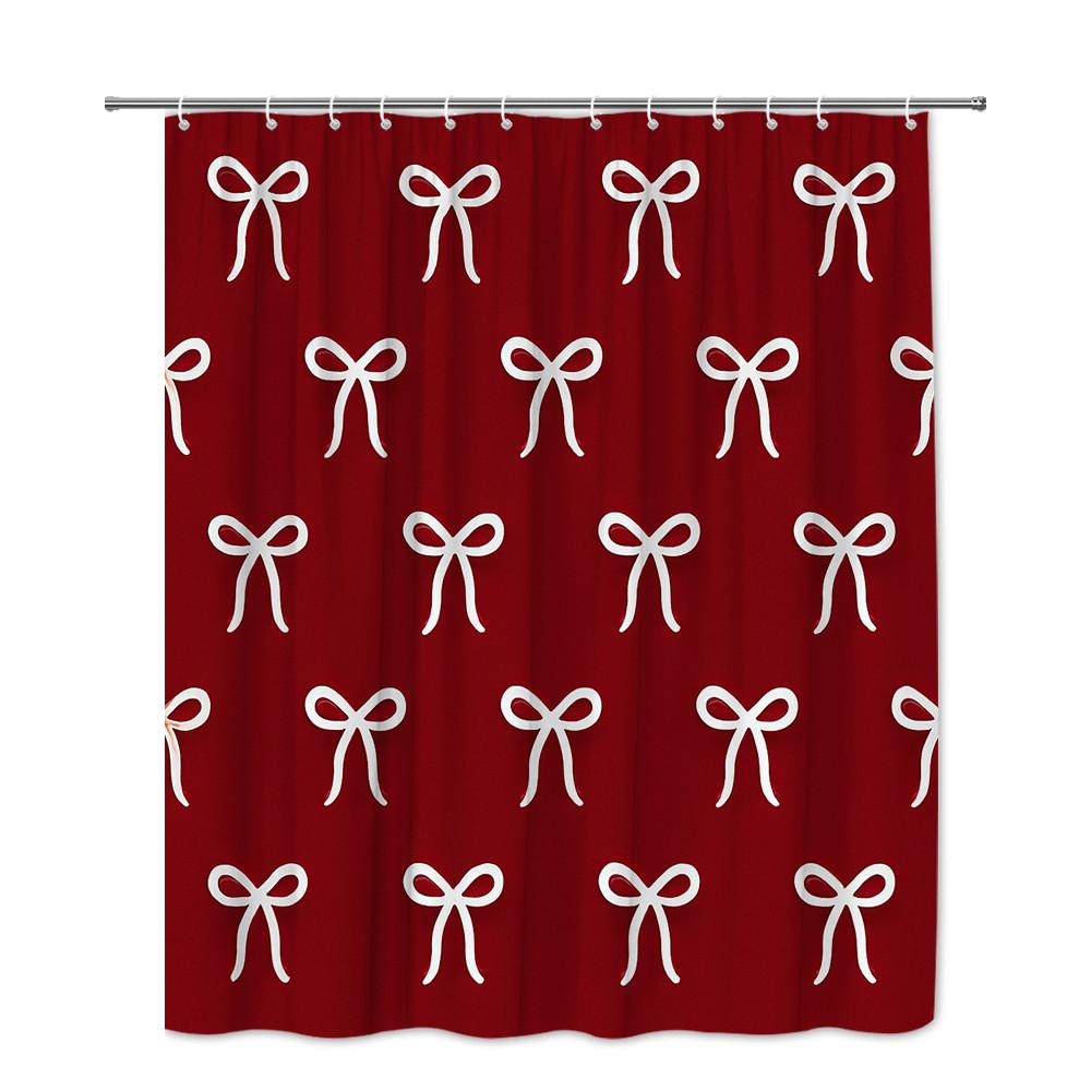 Elegant Red And White Bow Pattern Shower Curtain Waterproof Mildew Resistant Easy To Install For Bathroom Decor Non-Toxic