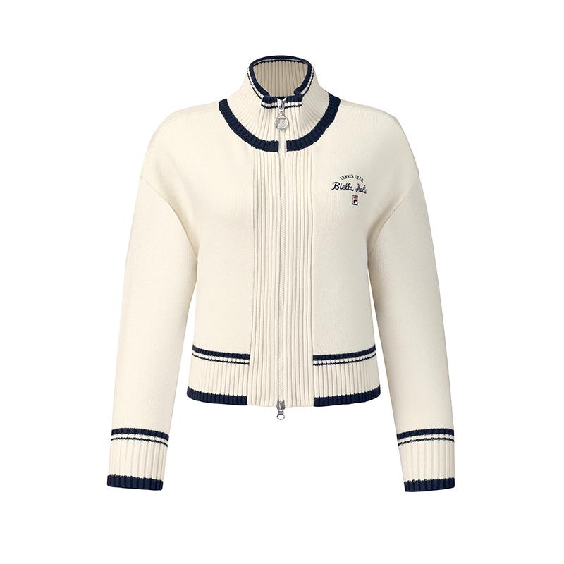 Fila Tennis Simple Classic Retro Sports Casual Versatile Comfortable Loose Knit Cardigan Jacket Women jackets Egrets-White A11W613403FWT