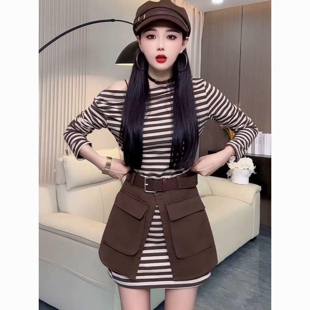 

Early Autumn Korean Off-Shoulder Striped Top & High Waist Slimming Skirt Set with Free Belt L