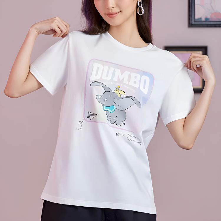 Li Ning X Disney Dumbo Cartoon Print Loose Sports T-Shirt Women Tops White AHSRA64-1