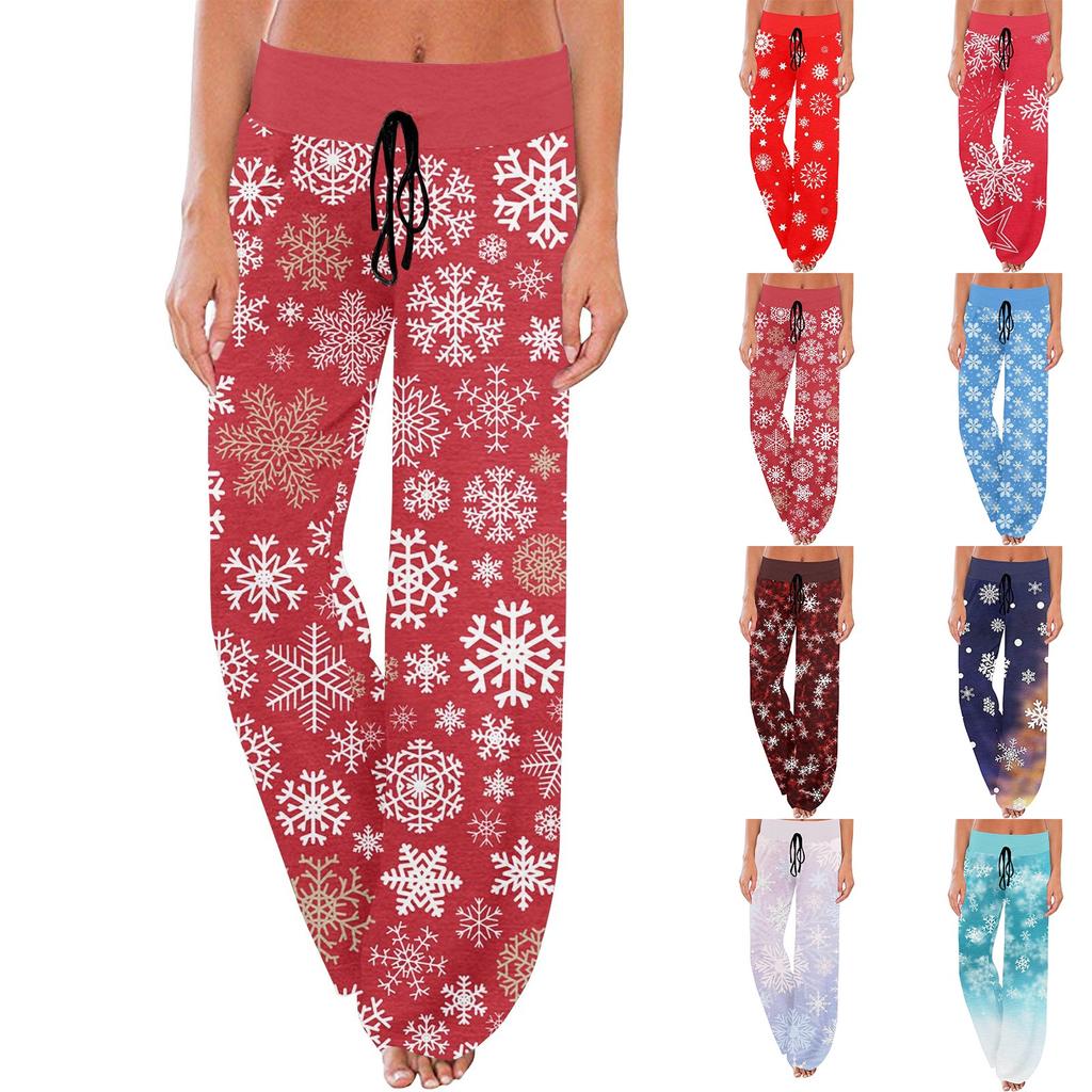 Women's Comfy Pajama Pants Pocket Christmas Print Drawstring Wide Leg Pants