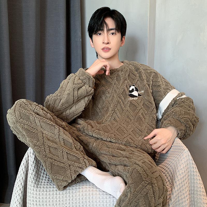 1set Men'S Casual Crew Neck Pajama Set, Cartoon Print, Polyester Knit Fabric, Slight Stretch, Loose Fit, Fall/Winter Warm Loungewear Set