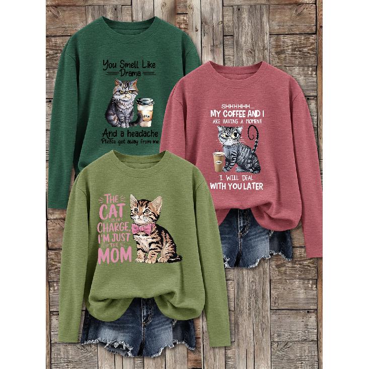 3Women's long-sleeved top (sold individually) T shirt suit | Cat Coffee Fun Letter Print Theme | Watercolor cartoon style round neck top | Elegant