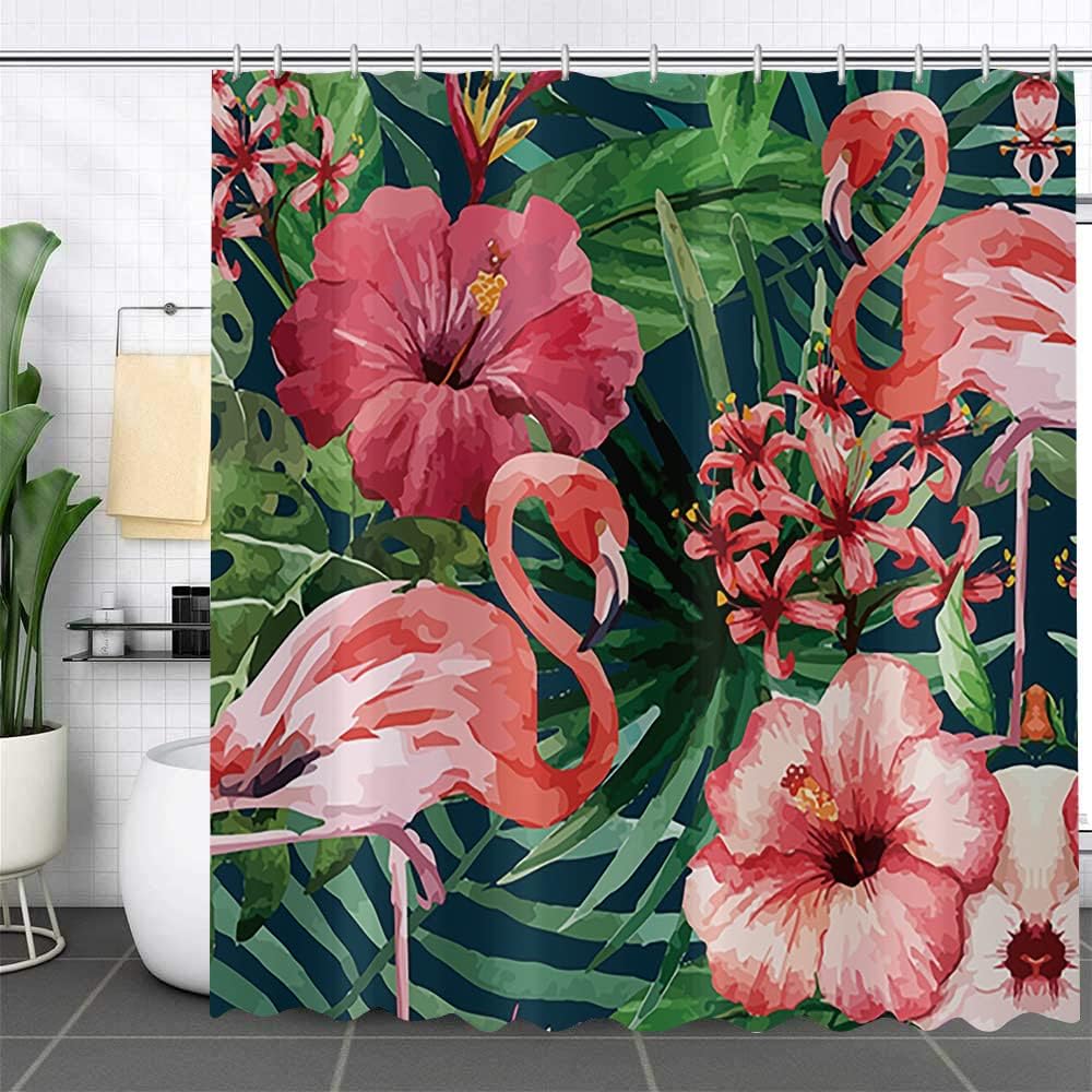 Tropical Leaves Shower Curtains, Palms Monstera Banana Leaf Green Plant Botanical Bathroom Curtains Bathtub Home Decor Machine