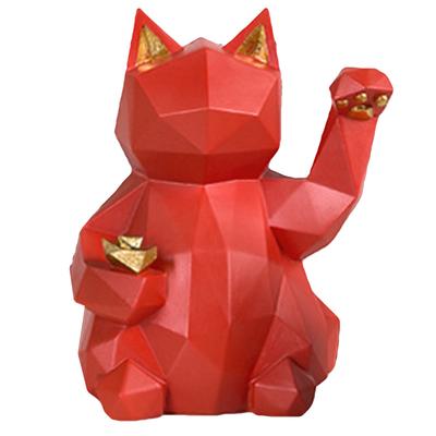 Glückskatze Figur Geometrie Stil Umweltfreundliches Harz Leuchtend Rot Maneki Neko Figur für Tisch