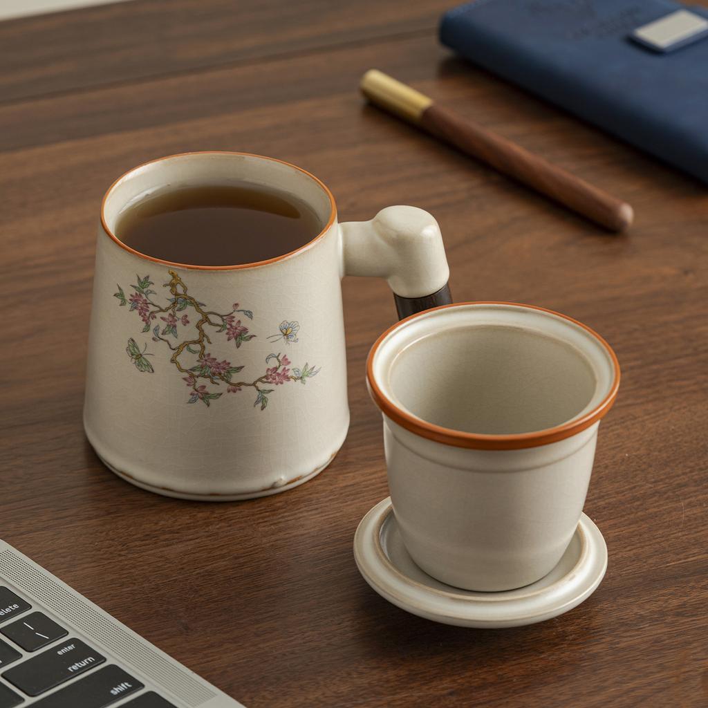 New Chinese Ru Kiln Personal Special Tea Cup Explosive Tea Separation Office Cup with Lid Retro Wooden Handle Tea Cup