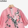 VONDA Women Summer V Neck 3/4 Sleeve Floral Print Smooth Casual Blouse Tops