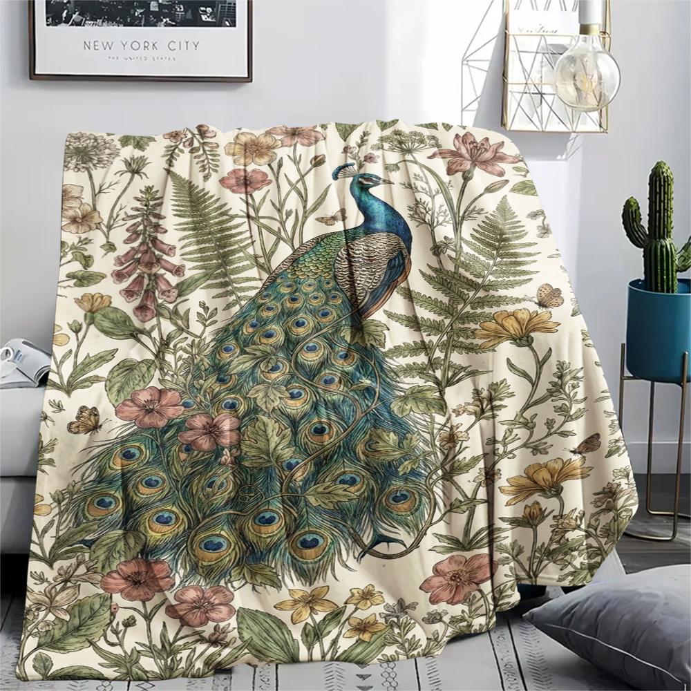 1Pc Peacock Print Flannel Blanket, High quality Comfortable for All Seasons, Home Decor, Warmth and Comfort, Perfect for Christmas Gifts W121