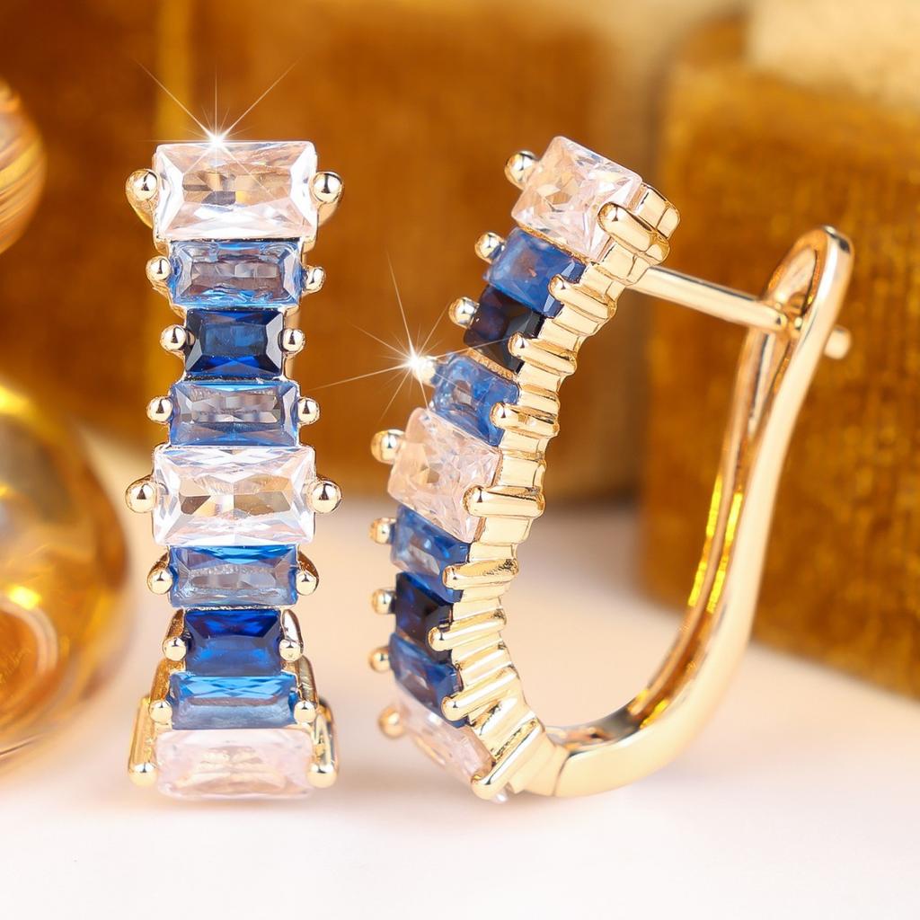 Light Luxury Gradient Blue and White Square Diamond Earrings for Women High-end Gold Geometric Diamond Earrings