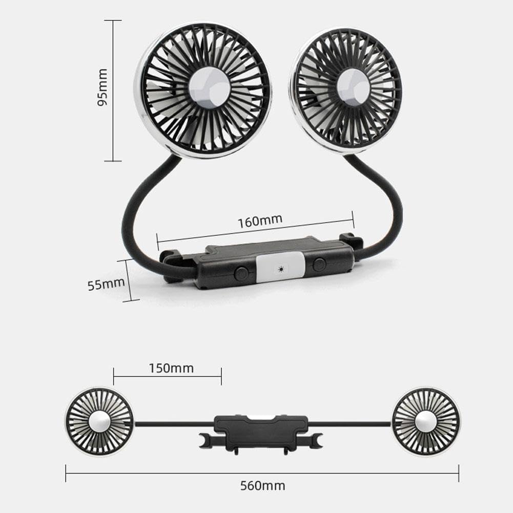 Headrest Fan with LED Car Airflow Low Adjustable Air Easy Air Front and Rear Electric Car Fan Lights, Dual-Head Fan, Type-C Powered, 3-Level