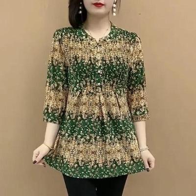 Summer Women's Pullover O-Neck Spliced Button Printed Fashion Loose Minimalist All-match Casual 3/4 Sleeve Chiffon Tops