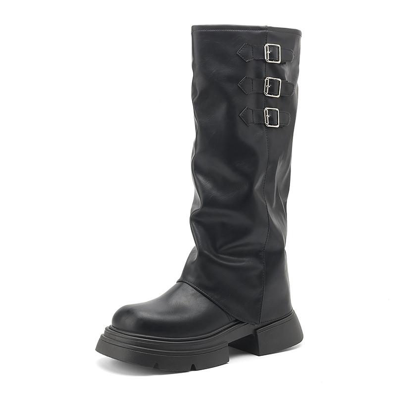 New Women's Boots High Quality Fashionable Round Toe Solid Color Buckle Mid-heeled Sleeve Women's High Boots