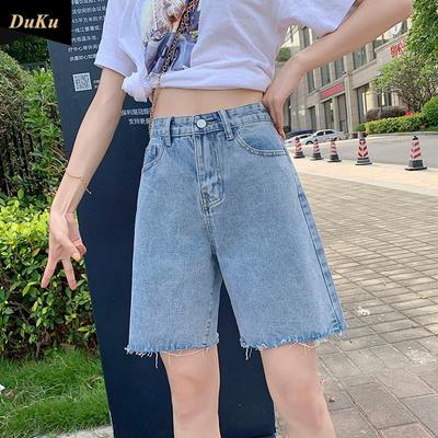Furred Denim Shorts Women Thin High Waist Loose Wide Leg Medium Trousers Ins Cycling Casual Straight Leg Fifth Pants