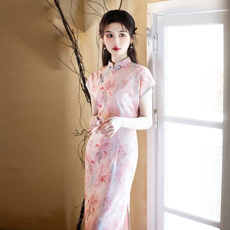 Long Chinese-style Qipao Dress Women Vintage Retro Short Sleeve With Stand Collar Side Slit Swiss Net Fabric