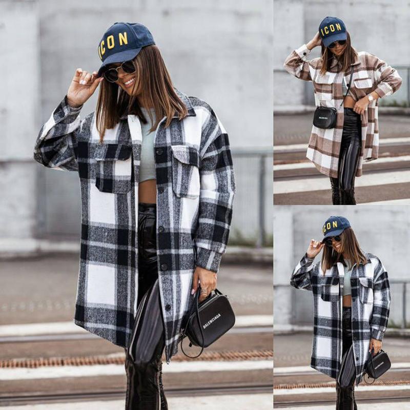 Women Fashion Winter Warm Comfortable Long Sleeve Lapel Two Pocket Plaid Woolen Coat Outerwear