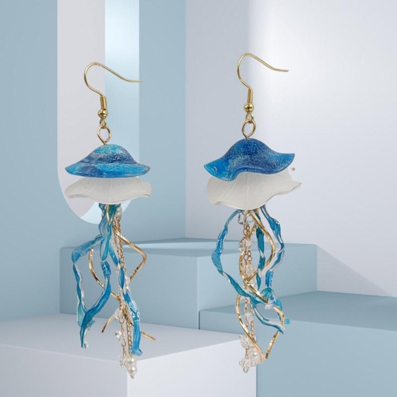 Handmade Elegant Blue Jellyfish Earrings Craft from Acrylic Materials for Casual Outings and Beach Vacations Daily Use
