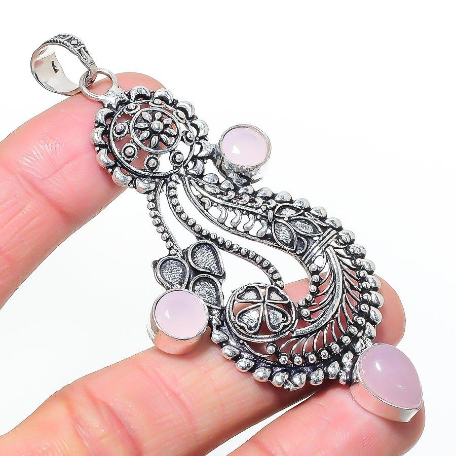 Natural Rose Quartz, Chalcedony 925 Sterling Silver Jewelry Pendant 3.39 AP-14697