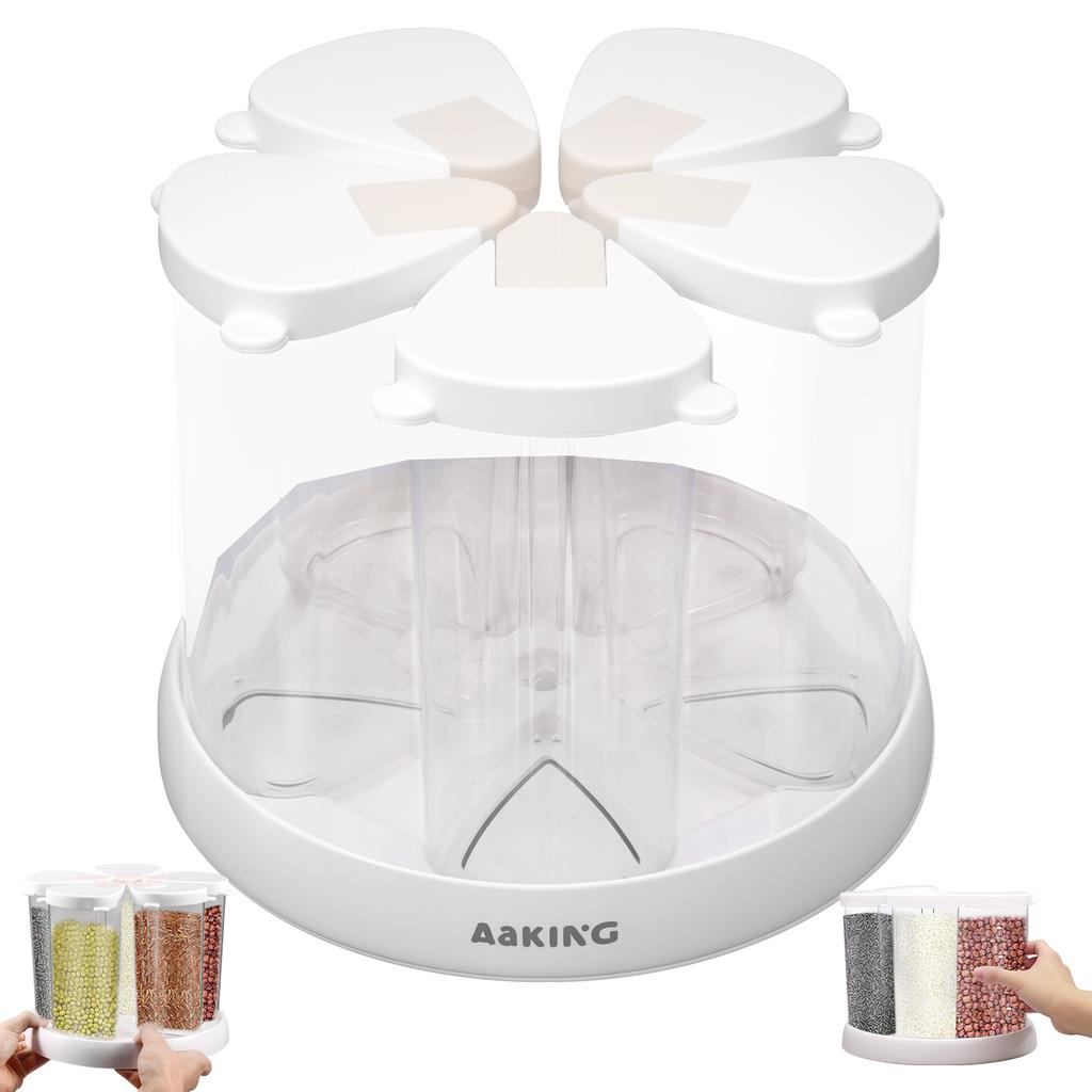 5/6 Grid Food Grain Storage Container Plastic Kitchen Storage Containers with 360 ° Rotating Base Transparent Grain Rice Dispens